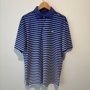 Masters Tech Golf Polo Shirt Mens Medium Blue Stripe Masters Logo Short Sleeve